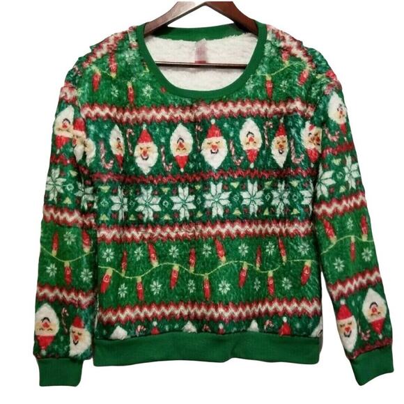 Christmas Sweater Juniors Sz S Green Fuzzy Pullover Top Santa Holiday Ugly Party - Picture 1 of 5